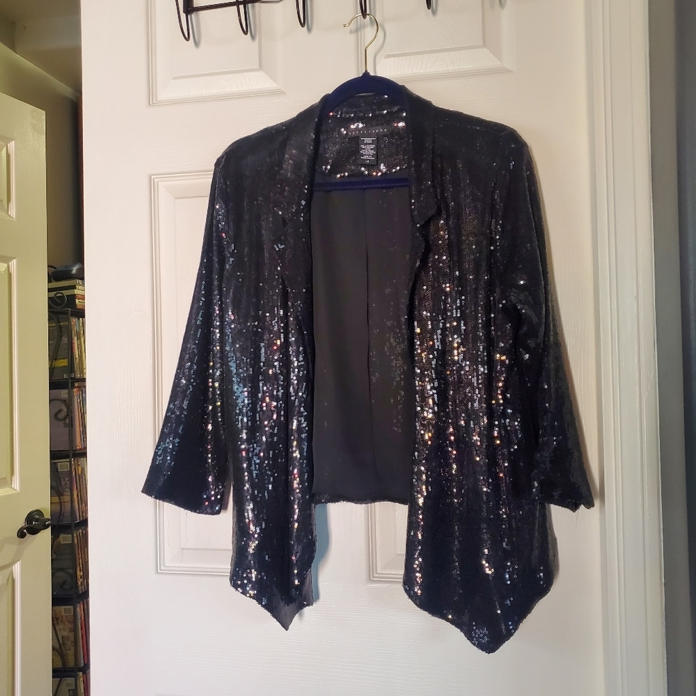 Apostrophe Black Sequin Blazer Crop Elegant Evening Festival Formal Large Grunge